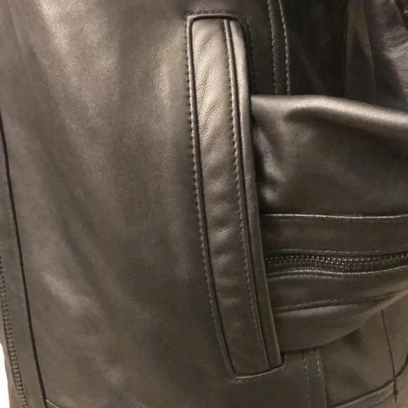 Black Rivet- Band Collar Leather Moto Jacket - Picture 5 of 12